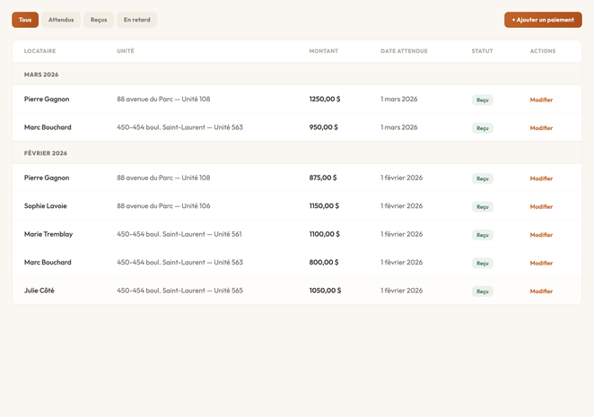 Liste des paiements MonParc — suivi des loyers reçus par locataire avec montant, date et statut
