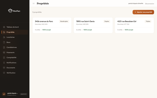 Liste des propriétés MonParc avec triplex, duplex et quadruplex, taux d'occupation et nombre d'unités