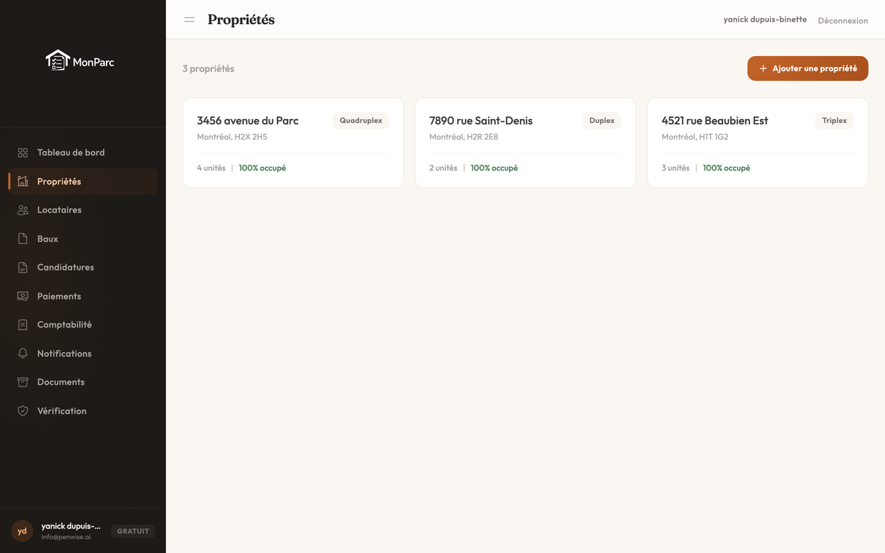 Vue des propriétés MonParc — gestion de plusieurs immeubles avec unités et locataires distincts par adresse