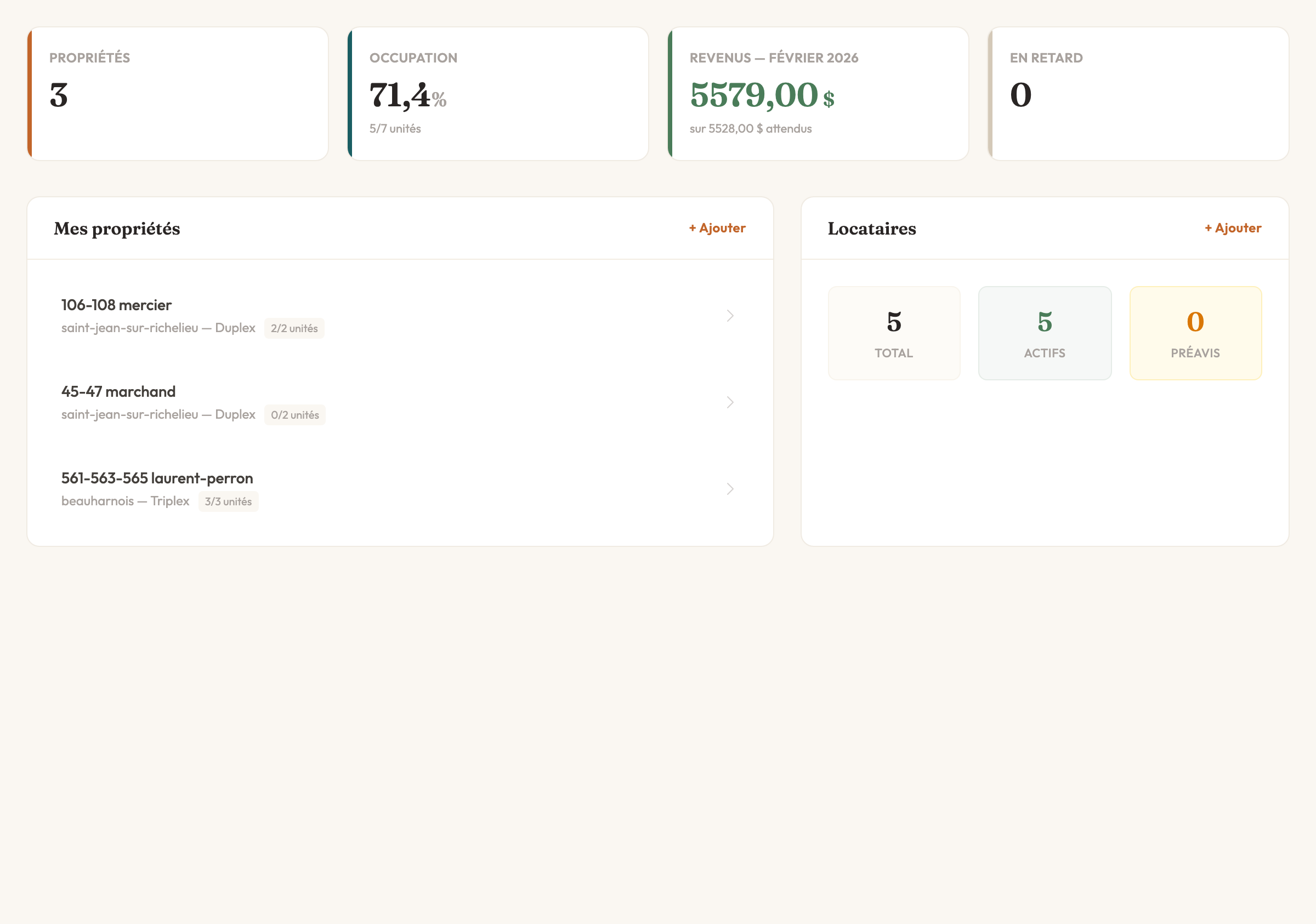 Suivi des loyers MonParc — tableau affichant le statut de paiement de 5-6 locataires avec détection automatique des retards
